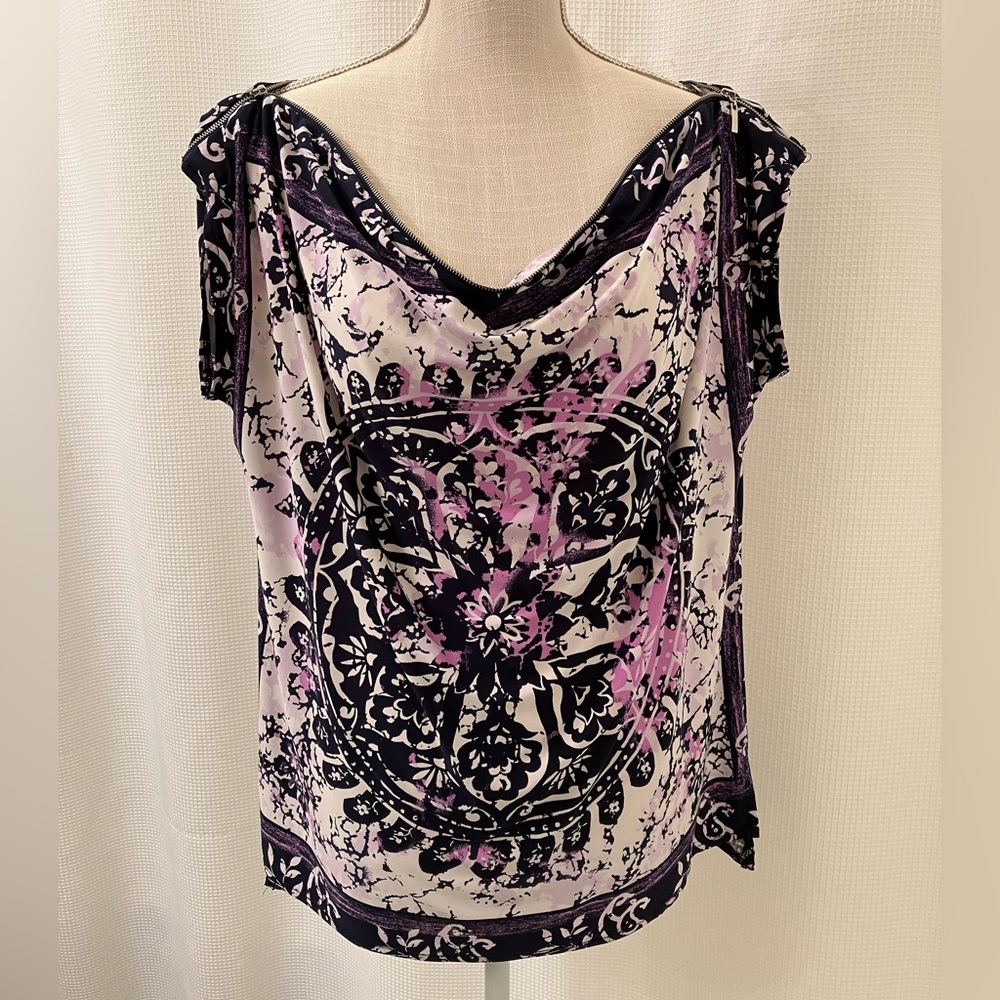 INC International Concepts Black, White & Pink Medallion Print Short Sleeve Top